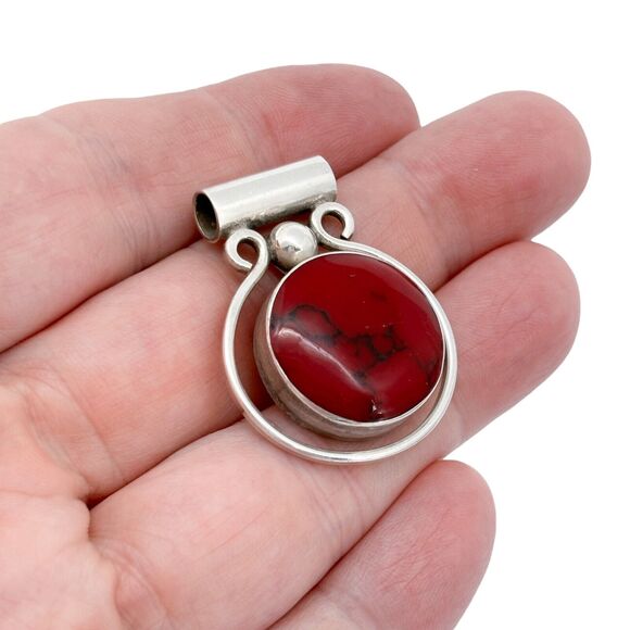 Vintage Mexico Sterling Silver 925 3.7cm Red Jasper Slide Pendant - Picture 1 of 7